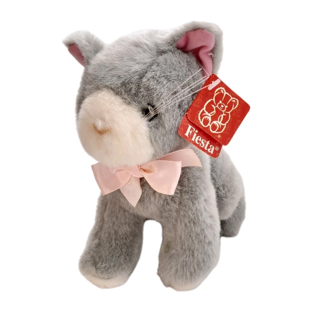 Fiesta Gray Cat Plush 8" Pink Bow Stuffed Animal Toy Vintage NWT‎